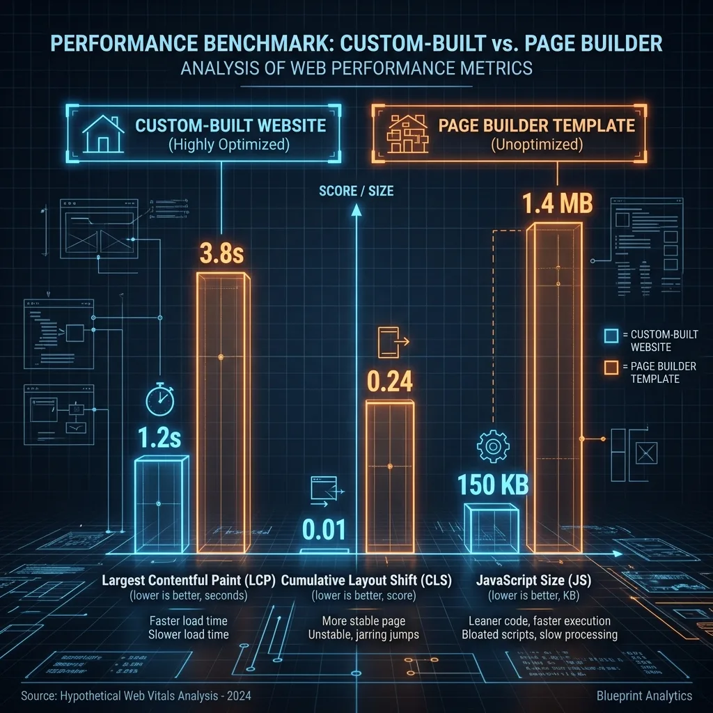 A performance metrics chart comparing Largest Contentful Paint, Total Blocking Time, and Cumulative Layout Shift scores between custom Next.js builds and page builder templates.