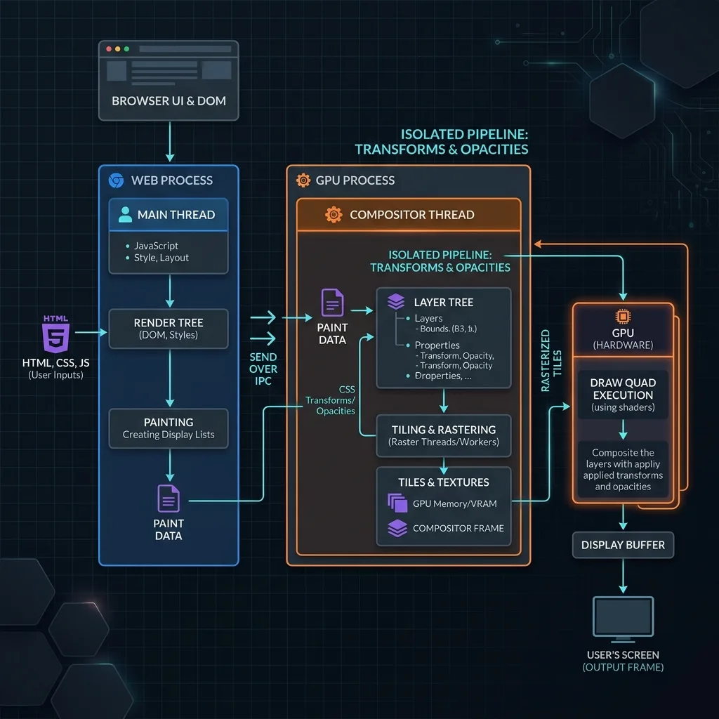 A technical diagram showing the browser rendering pipeline with GPU-composited transform and opacity animations running independently of the main JavaScript thread.