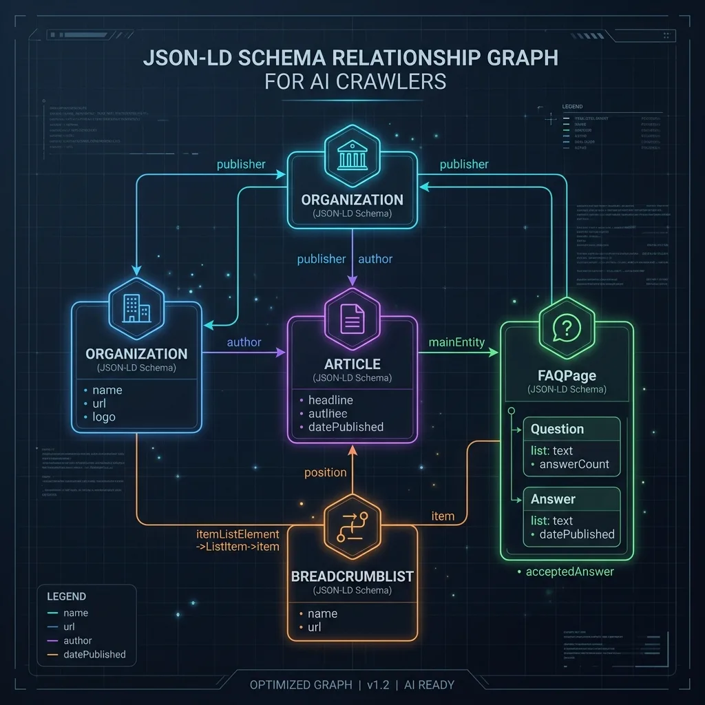 A diagram showing how Organization, Article, FAQPage, and BreadcrumbList schemas connect as a knowledge graph for AI crawlers.